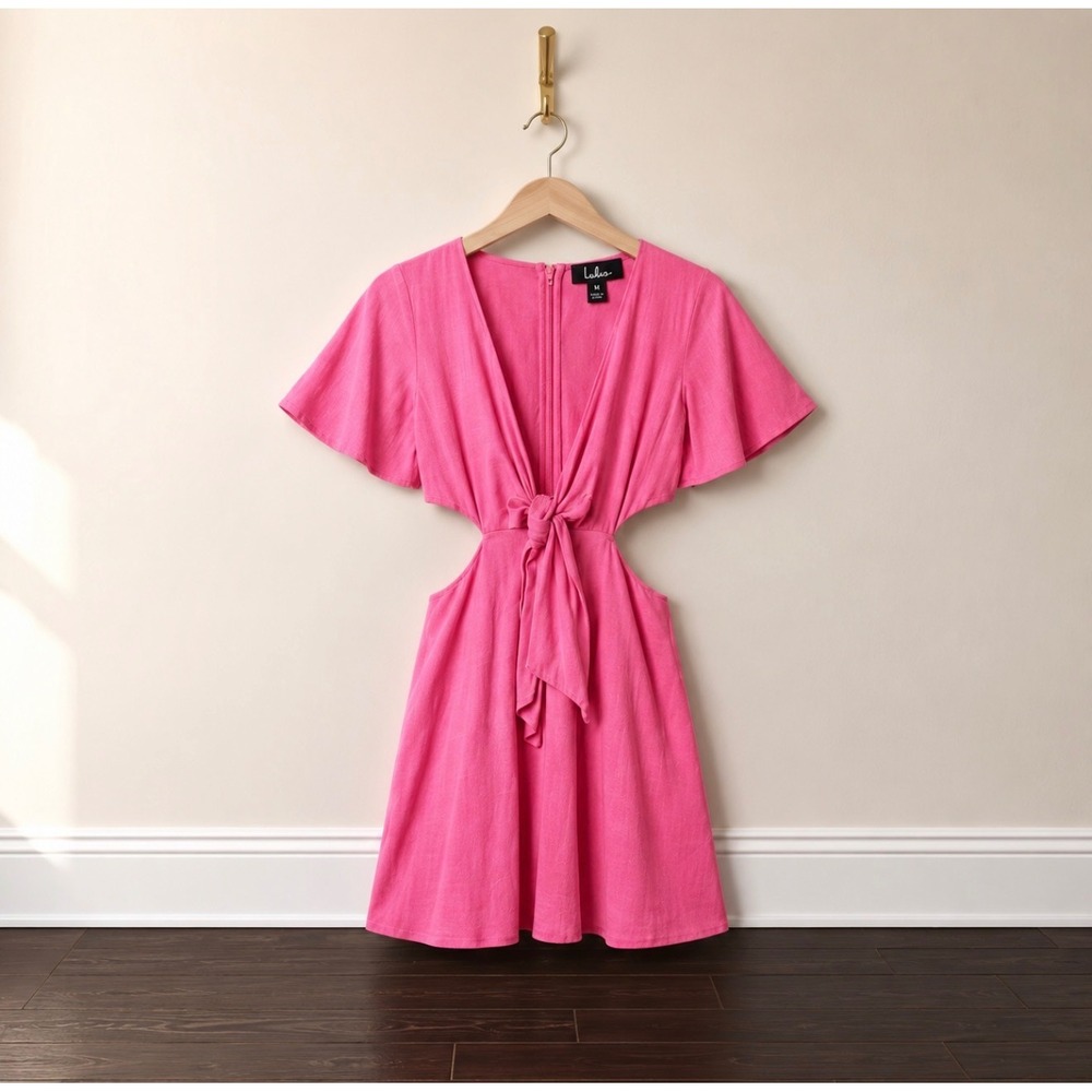 Lulus Pink Cutout Tie Front Mini Dress DI4559A Short Sleeve Linen Blend M